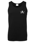 Skull & Cross Swords Left Chest Logo Mens Singlet (Black, White Print)